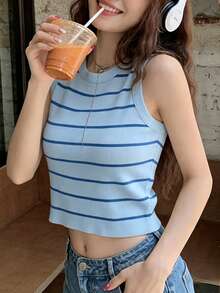 美式復古條紋針織女款背心上衣 夏季辣妹修身短版收腰上衣 隨機拼接設計 - 藍色 - 查看 1