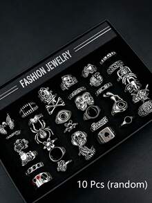 10/20pcs Gothic Women's Rings Set, Punk Hip Hop Multi-Piece Finger Rings, Party Vacation Daily Wear Finger Accessories, Fashion Jewelry Gift, Unisex Random Style - Silver - View 10