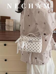 1 buah Tas Bekal Makan Siang Genggam Motif Polkadot Gaya Korea, Tas Bahu Harian Modis (Tanpa Liontin) - Putih - View 3