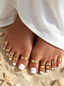16pcs Fashion Elegant Heart Star Geometric Gold Color Toe Rings For Women, Summer Beach Vacation Date Gift, Daily Casual And Party Matching (No Box) - Golden - View 1