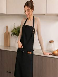 1pc Waterproof & Oil-Proof Kitchen Apron With Pocket, Polyethylene Stain-Resistant Apron For Home, Restaurant, BBQ, School, Coffee Shop, Unisex Apron (Black) Christmas Holiday Gift - Black - View 4