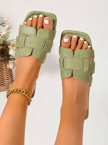 Ximi Ruo Spring/Summer New Women's Fashion Casual Slide Sandals, Comfortable Flat Low-Heel Round Toe Minimalist Outdoor Beach Slippers, Versatile Decorative Flat Sandals For Women - Lime Green - View 3