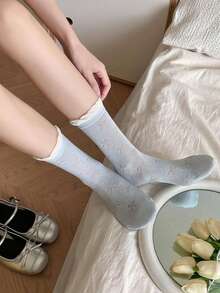 1/6 Pasang Kaos Kaki Krem Model Ruffle dengan Pita, Kaos Kaki Setengah Betis Gaya Jepang Manis untuk Anak Perempuan, Kaos Kaki Serbaguna untuk Sepatu Mary Jane Wanita - MultiWarna - View 8