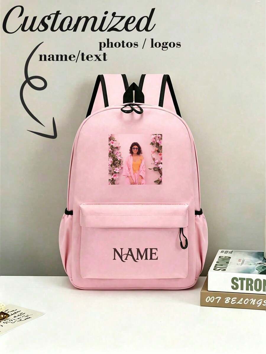 Customizable Shoulder Strap, Customizable Name, Customizable Text, Customizable Photo, DIY, Solid Color, Minimalist, Large Capacity, Lightweight, Comfortable Strap, Zipper Closure, Suitable For School, Work, Students, College Students, High School Students, Vegan Leather - Pink - View 1