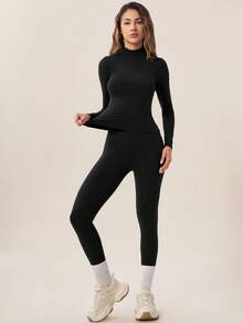 TimeOff Women's One Set Autumn/Winter Solid Color Stand Collar Slim Fit Long Sleeve Leggings Set - Black - View 11