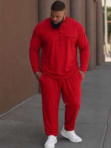 Men's Plus Size Polo Set, Autumn Long Sleeve Top And Long Pants Casual Solid Color Plus Size Men's Clothing - Red - View 6