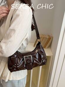 Vintage Dark Brown Solid Color Underarm Shoulder Bag With Metal Belt Buckle Flap Closure, Commuter Shopping Sweet Cool Style Versatile INS Hot-Selling Shoulder Bag - Brown - View 6