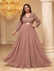 V-Neck Doll Dress With 3/4 Sleeve, Sequin Patchwork Flared Skirt - Dusty Pink - View 5