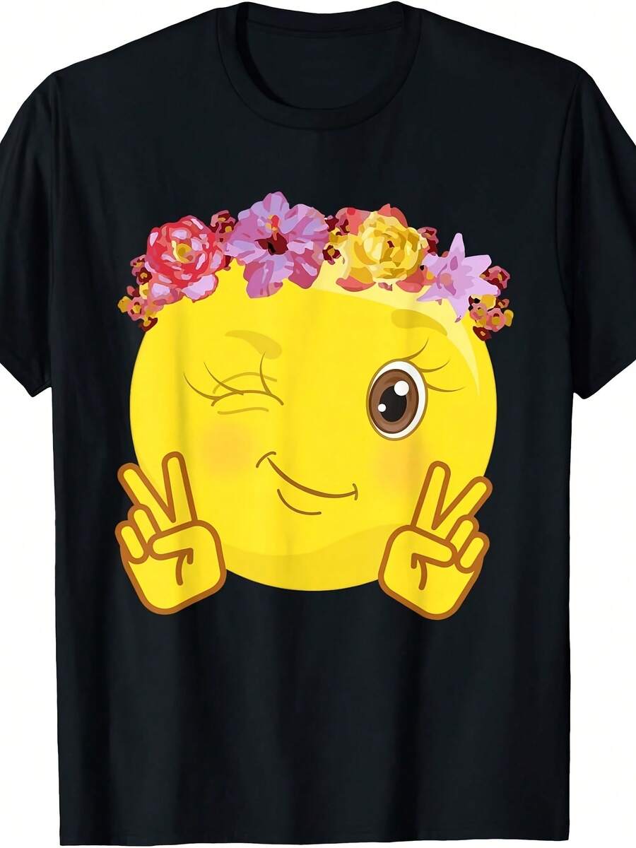 Peace Emoticon Winking Flower Crown T-Shirt T-Shirt - Black - View 1
