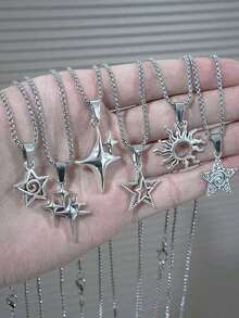 6pcs/1pc Men's & Women's Vintage Gothic Hip Hop Star Flame Spiral Sun Heart Pendant Stainless Steel Chain Necklace Set, Includes 6 Mixed European Baroque Cross Pendant Necklaces, Suitable For Christmas, New Year, Valentine's Day And Other Holidays - Silver - View 15