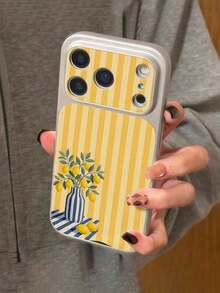 1pc Fashion Summer Striped Vase Lemon Pattern Full Coverage Button Classic Anti-Drop Metal Paint Premium Texture Soft Texture PU Leather Phone Case, Suitable As Birthday Gift, Holiday Gift For Friends, Family, Couples, Yourself, Compatible With IPhone 17/16/15/14/13/14/12/11 Series - Multicolor - View 3