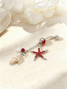 3pcs Red Starfish & Cherry Round Stainless Steel Belly Button Rings, European & American Style Personalized Women's Piercing Jewelry For Daily Wear - 3-piece Set - View 4
