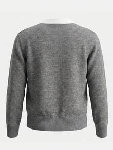 Cardigan Sweater Wanita Gaya Korea INS Leher Bulat Rajutan Kabel Desain Plaket 2 In 1 Atasan Kasual Serbaguna Musim Gugur/Musim Dingin - Grey - View 7