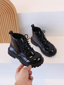 1 Pair Children's Shiny Leather Lace-Up Ankle Boots, Thick Sole, Fashionable Versatile Outdoor Wear, Anti-Slip, Autumn/Winter - Black - View 4