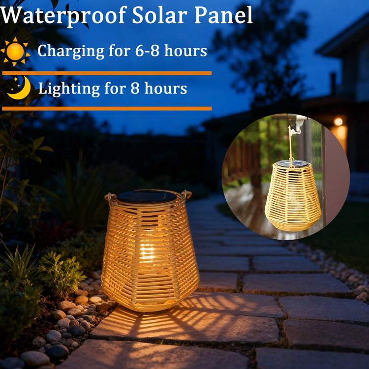 1pc Woven Rattan Solar Lantern With Handle, Waterproof Outdoor Hanging LED Light, Retro Boho Atmosphere Lamp For Garden Balcony Patio Yard Wedding Decor - Horizontal Bamboo Weave - View 4