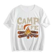 Women's Camp Themed T-Shirt - CAMP LIFE Lettering & Campfire Print With Logs & Marshmallow Design - Casual Round Neck Short Sleeve Outdoor Tee - 白色 - 查看 1