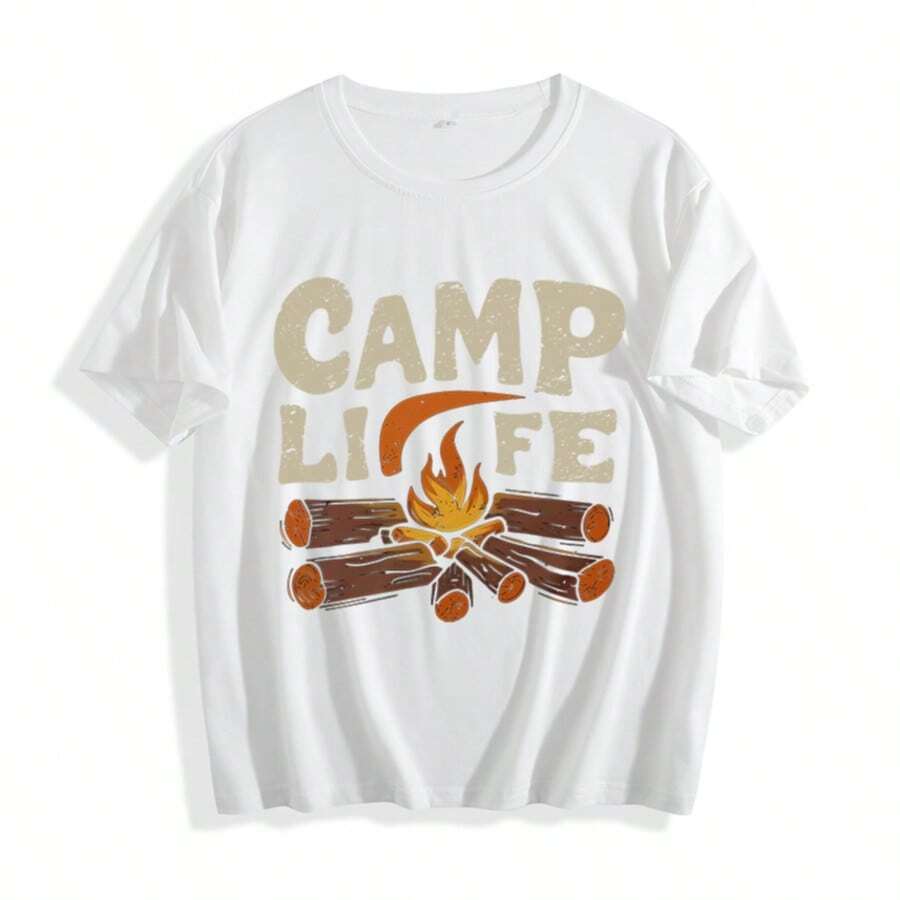 Women's Camp Themed T-Shirt - CAMP LIFE Lettering & Campfire Print With Logs & Marshmallow Design - Casual Round Neck Short Sleeve Outdoor Tee - 白色 - 查看 1