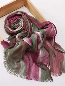 1 New Cotton Scarf Gradual Change Color Striped Headscarf, Retro Versatile Print Women's Long Pleated Shawl - Multicolor - View 7