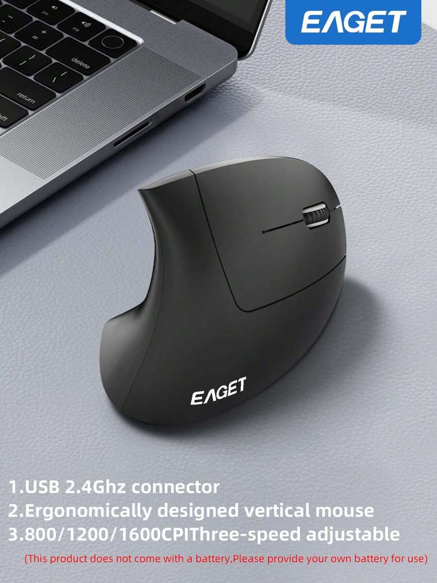 EAGET 2.4GHz Wireless Vertical Mouse, 3 Adjustable DPI Levels (800/1200/1600), Ergonomic Design, Wireless Connection, 6 Buttons, Replaceable Battery, Suitable For Laptops, Desktops And Office Environments