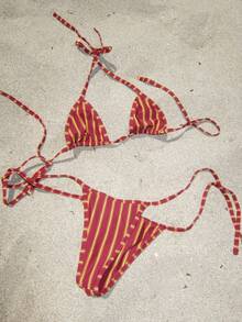 Women's 2 Pieces Red And Beige Striped Halter Bikini Swimsuit, Perfect For Summer Beach Parties, Vacations, Christmas, And Halloween - Multicolor - View 1