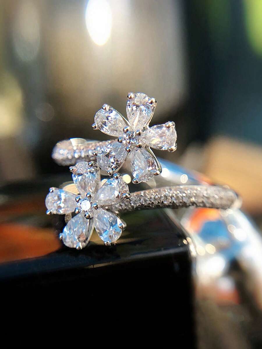 1pc Fashionable Luxury High-End Minimalist Versatile Open Ring With Artificial Zirconia Flower Design, Suitable For Women's Daily Wear - Silver - View 1