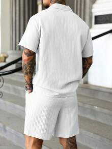 YUNCHIC Men's Vertical Ribbed Texture 2-Piece Set, Cuban Collar Short Sleeve Button Shirt And Drawstring Shorts Outfit, Summer Casual Vacation & Sportswear - White - View 7