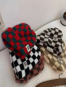 1pc Women's Autumn/Winter Warm Colorblock Checkerboard Knit Beanie, Oversized Fashionable Knitted Hat - Beanie - View 8