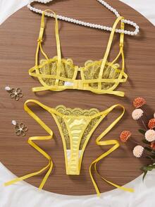 2件組女款刺繡內衣套裝，半透心型胸罩與蝴蝶結內褲，性感睡衣，女款秋季服飾 - 黃色 - 查看 2