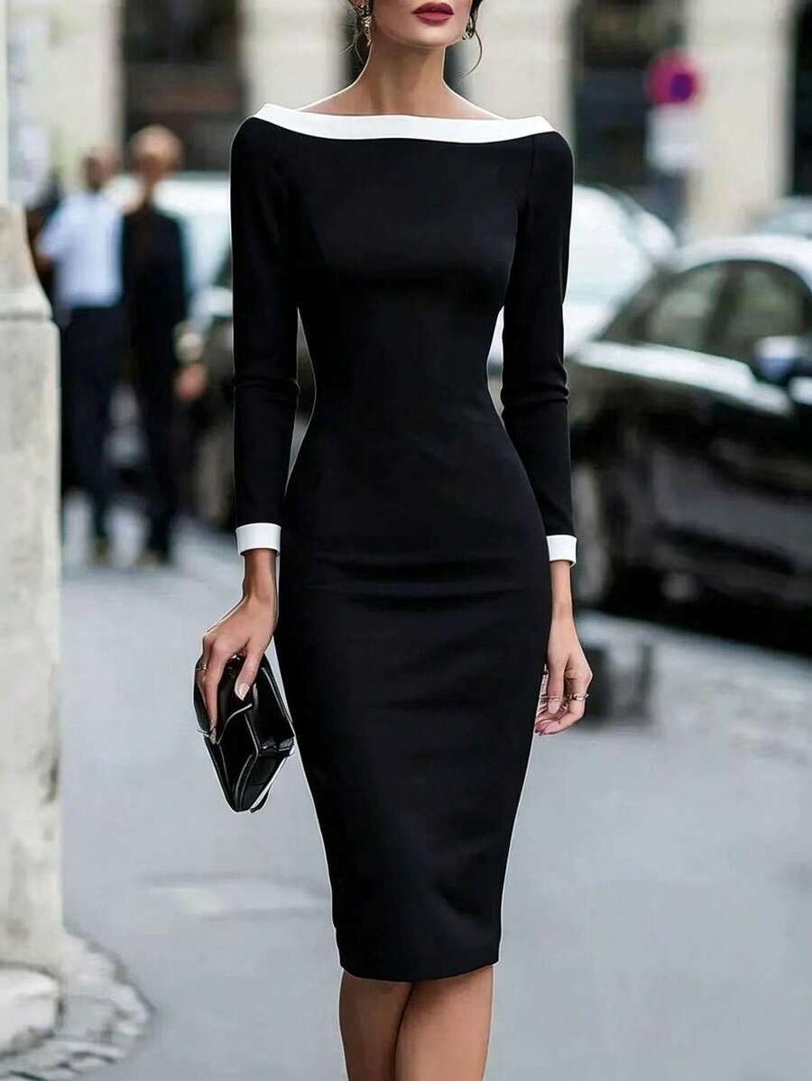 Women's Elegant Black & White Colorblock Boat Neck Long Sleeve Slim Fit Midi Pencil Dress, Elegant Commuter Bodycon Dress, Women's Autumn/Winter Dress, Suitable For Business Office, Business Meeting, Dinner Date, Birthday Party, Banquet, Evening Event And Other Semi-Formal Occasions - Black and White - View 1