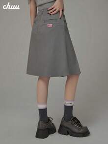 CHUU High Waist Button Pleated Skirt For Women, Autumn College Style Letter Embroidery A-Line Skirt - Grey - View 2