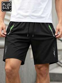 Plus Size Men's Shorts, Summer Elastic Straight Leg Bermuda Shorts, Lightning Pattern, Drawstring Waist, Lightweight, Sports Running Fitness - Black - View 2