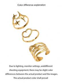 3pcs Stainless Steel Men's Ring Set, Starburst Knot Heart Combination Rings, Featuring Four-Pointed Star, Twisted Knot, Hollow Heart Elements, Exquisite Niche Korean Ins Style, Light Luxury Gold, Suitable For Men, Daily Commute, Dating, Travel, Vacation, Can Be Given As Birthday, Valentine's Day, Anniversary Fashion Gift - Ring Set - View 4