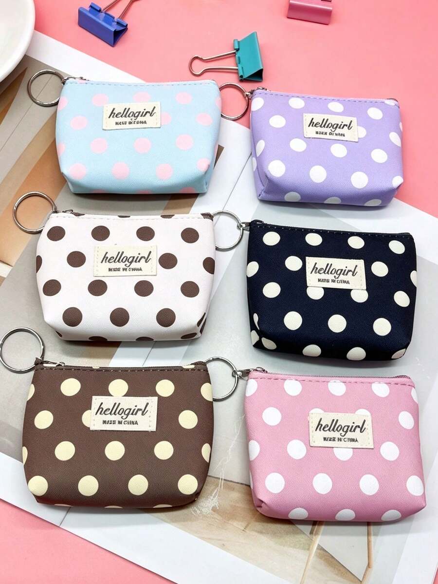 XD 12pcs/6pcs/3pcs/1pc Fashion Mini Polka Dot Print Kids Coin Purse With Portable Hanging Keychain, Compact Size For Storing Coins, Keys, Charging Cables, Earrings, Rings, Menstrual Products, Mini Makeup, Student Back To School Essentials