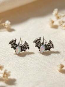 1 Pair Vintage Punk Style Bat Design Oval Faux Opal Stud Earrings, Suitable For Women's Halloween, Party, Travel Jewelry Gift - Antique Silver - View 5