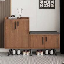 Modern Shoe Bench With Wood Grain, Shoe Cabinet, Four Storage Doors, Asymmetrical Metal Handles - Natural - View 4
