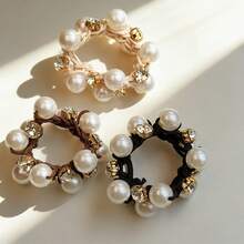 3pcs Minimalist Korean Style Elegant Pearl Rhinestone Hair Ties, High Ponytail Hair Bands, Suitable For Women's Daily Wear - Multicolor - View 2