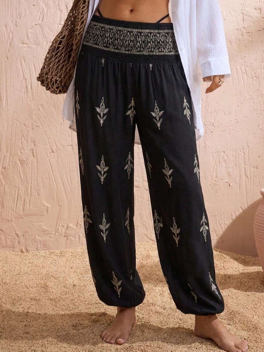 女款高腰百褶印花褲,波希米亞風寬鬆沙灘褲,休閒度假無彈力寬腿褲 (JH25164) 黑色 - 黑色 - 查看 1