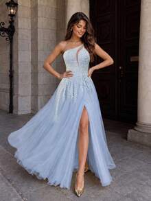 VIPGIRL Vestido formal asimétrico con cuello dividido, muslo de malla, elegante para baile de graduación, cena, fiesta de boda, vestido de primavera - Azul - Ver 6