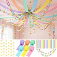 1 Set Chain & Star Garland Set, Rainbow Paper Chain And 52ft Gold Star Decoration, With 492ft Crepe Paper Tassel, Suitable For DIY Crafts, Pride Month, Birthday, Wedding Theme Party - Multicolor - View 4
