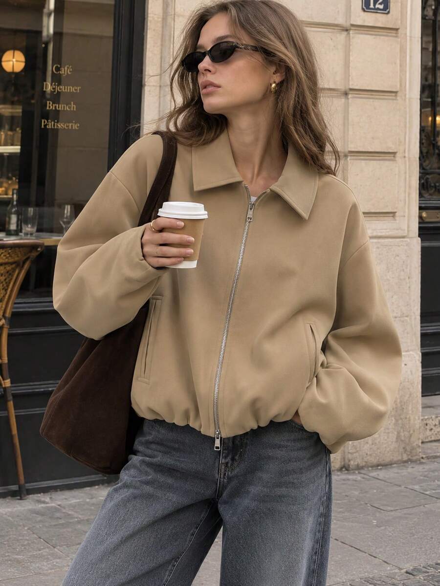 Women's Short Jacket, Long Sleeve Cropped Bomber Jacket, Black, Spring/Autumn Outerwear - Khaki - View 1