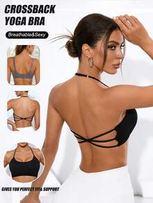 Damen Sexy Sport-BH mit tiefem V-Ausschnitt, verstellbarem Neckholder, abnehmbaren Polstern, atmungsaktives Tanktop für alle Jahreszeiten - Schwarz - Übersicht 1