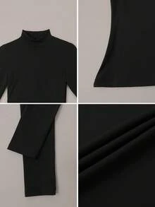TimeOff Women's One Set Autumn/Winter Solid Color Stand Collar Slim Fit Long Sleeve Leggings Set - Black - View 4