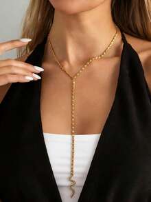 1pc Personalized Fashion Minimalist Snake Chain DIY Adjustable Length Tassel Y-Shaped Necklace Suitable For Women's Daily, Vacation And Party Wear - Gold - View 1