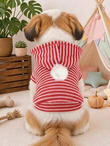 PETCIRCLE 1件寵物衣服 小狗幼犬貓用 可愛寵物極簡純色百搭防風保暖紅白條紋毛球帽毛衣 - 彩色 - 查看 2