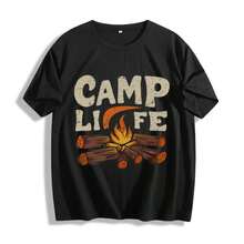 Women's Camp Themed T-Shirt - CAMP LIFE Lettering & Campfire Print With Logs & Marshmallow Design - Casual Round Neck Short Sleeve Outdoor Tee - 黑色 - 查看 1