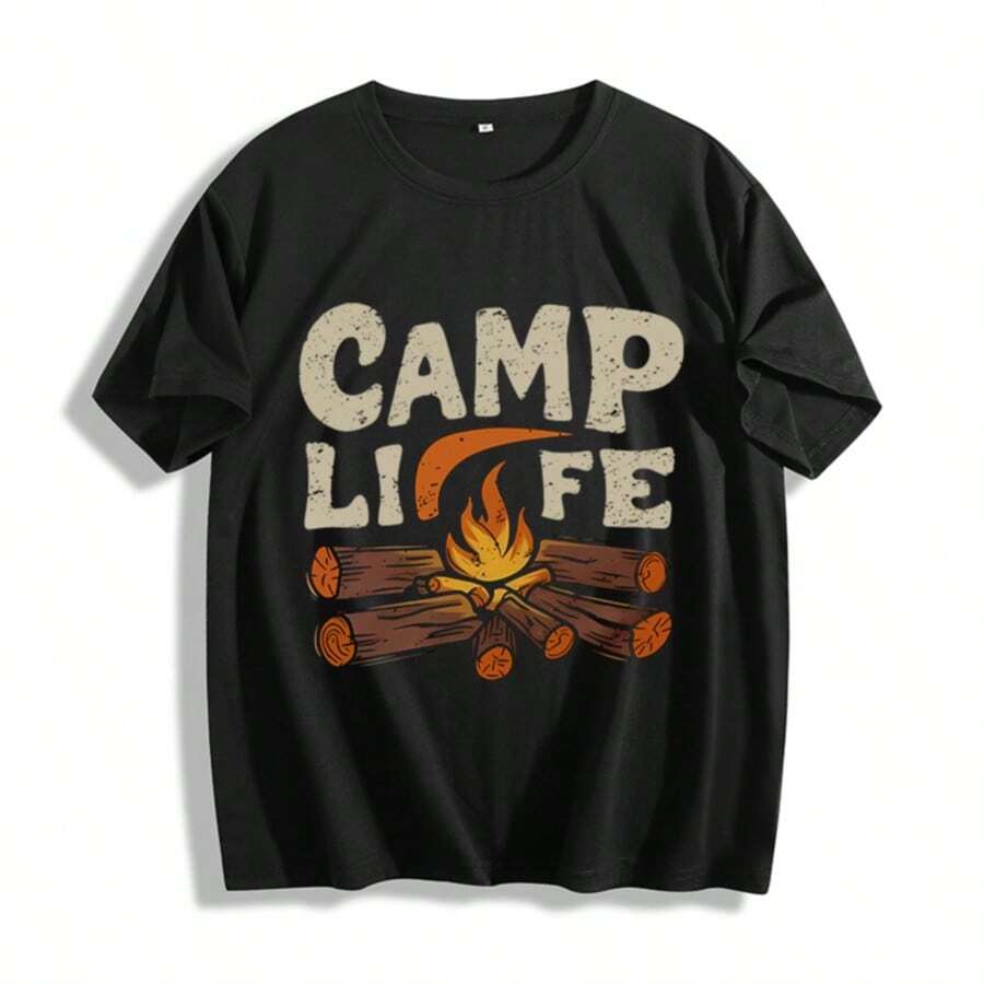 Women's Camp Themed T-Shirt - CAMP LIFE Lettering & Campfire Print With Logs & Marshmallow Design - Casual Round Neck Short Sleeve Outdoor Tee - 黑色 - 查看 1