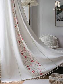Bubaba Boho Floral Embroidered Sheer Curtain Panels With Tassel Trim, Linen-Look Semi-Sheer Window Drapes For Living Room, Bedroom And Farmhouse Home Decor - Beige - View 3