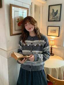 Korean Style Soft Casual Striped Knit Cardigan Sweater Jacket, Women's Autumn/Winter New Soft Versatile Sweet Cardigan - Dark Grey - View 2
