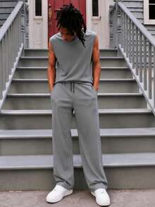Men's Casual Fashion Minimalist Versatile Daily Loose Tank Top & Long Pants Set - Grey - View 2