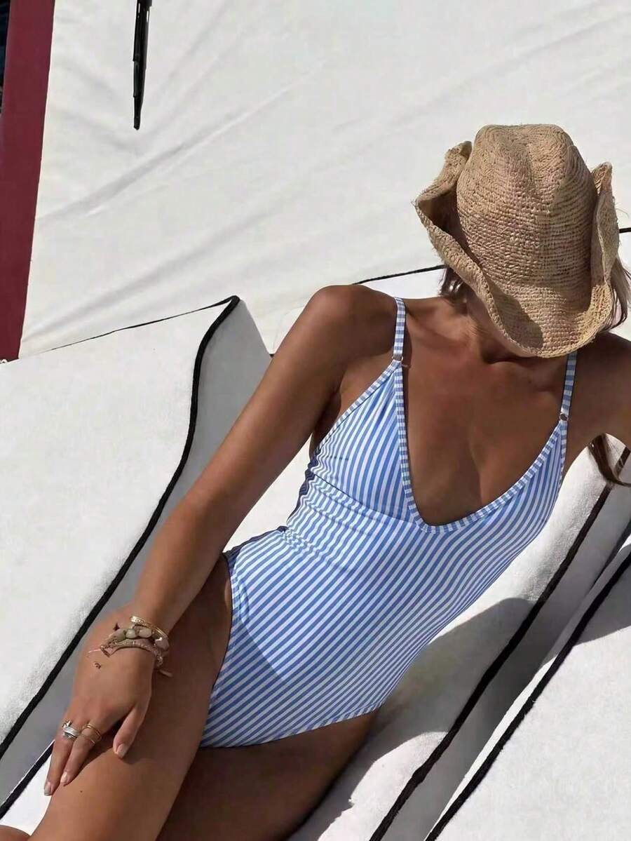 女款粉黑條紋比基尼連身泳衣,露背海灘度假泳衣,適合夏季、聖誕節與萬聖節穿搭 - 彩色 - 查看 1